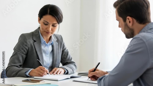 Wallpaper Mural Engaged business dialogue: professional collaboration and notetaking in modern office setting Torontodigital.ca