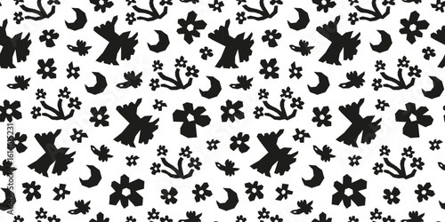 Black and white seamless pattern with paper cut birds, moon and flowers. Boho contemporary minimalist background.