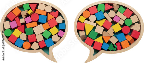 Colorful wooden building blocks in speech bubbles educational toy concept