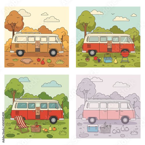 Four Seasons Camping Van Illustration with Picnic and Barbecue Scenes