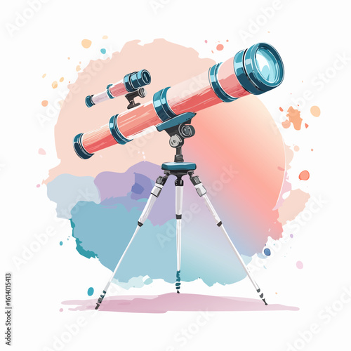 Vibrant watercolor illustration of a coral pink astronomical telescope on a tripod.