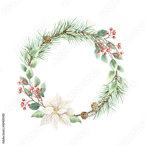 Wallpaper Mural Christmas wreath with fir branches, eucalyptus, white poinsettia flower, pine cones and sprigs of red berries watercolor isolated illustration. Hand drawn pastel botanical New Year clip art. Torontodigital.ca