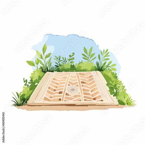 Beige woven outdoor rug with a geometric pattern, featuring a central diamond and chevron details.