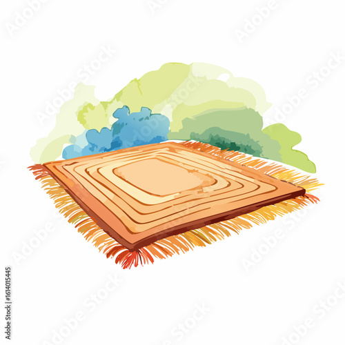 Orange picnic blanket with a concentric square pattern and fringe, depicted in a watercolor style.