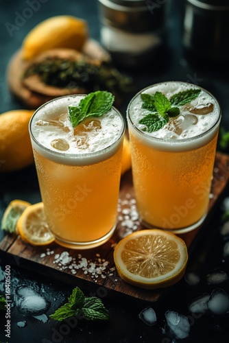 Refreshing Lemon Mint Drink Served in Two Glasses on Wooden Platter With Fres...