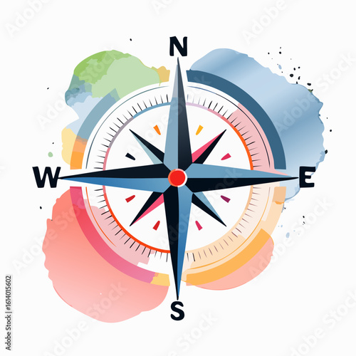 Artistic watercolor compass rose with blue and black pointers, a red center, and cardinal directions.