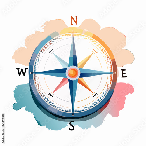 Stylized watercolor compass illustration with a colorful wind rose, cardinal points, and artistic paint splash textures.