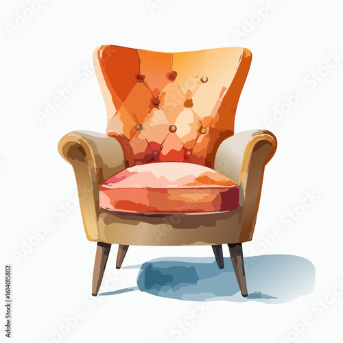 Watercolor illustration of a vintage orange tufted wingback armchair with wooden legs.