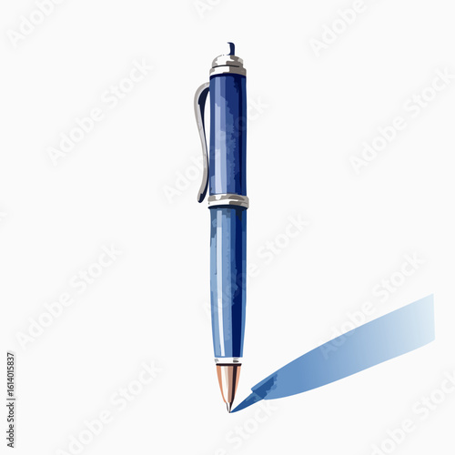 A stylish blue ballpoint pen illustration with a silver clip, copper tip, and a painterly texture.