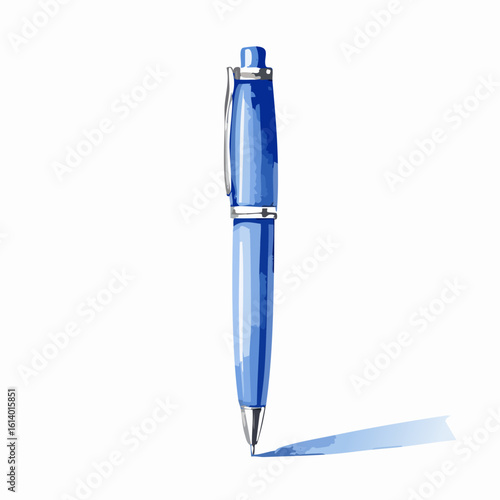 Vibrant blue ballpoint pen with a silver clip, illustrated in a watercolor style, leaving a blue ink stroke.