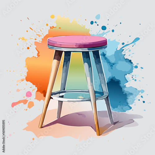 Vibrant watercolor illustration of a modern bar stool with a pink cushioned seat, wooden and metallic legs.
