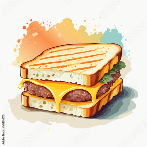 A grilled cheese sandwich with melted cheese and beef on toasted bread, viewed from the front, showcasing a satisfying meal in a simple still life.