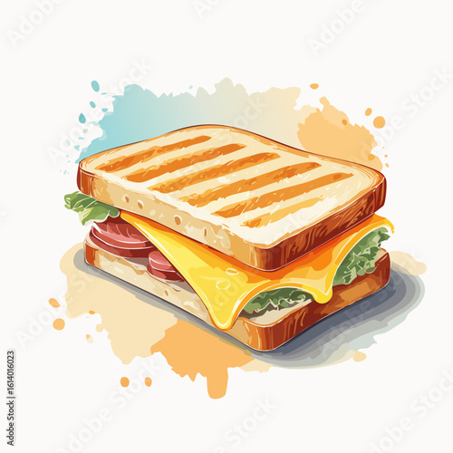 A toasted sandwich with ham, cheese, and lettuce on white bread, viewed from a slight angle, showcasing the layers and texture.