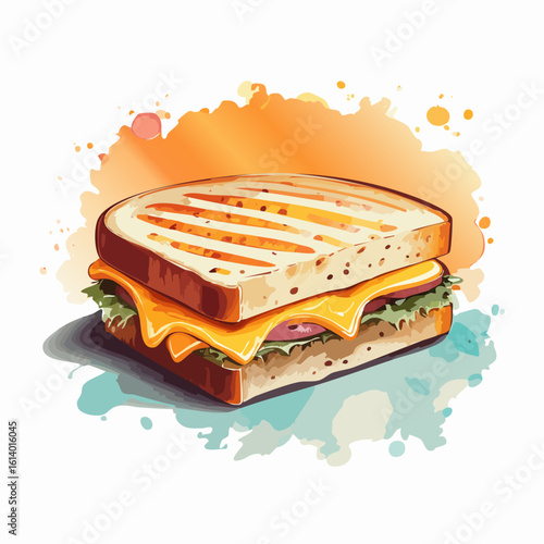 A toasted sandwich with melted cheese, ham, and lettuce on white bread, viewed from the side in a close-up illustration.
