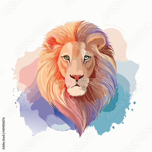 A majestic lion's face with vibrant mane, symbolizing courage and power, in an artistic illustration from a close-up, front viewpoint