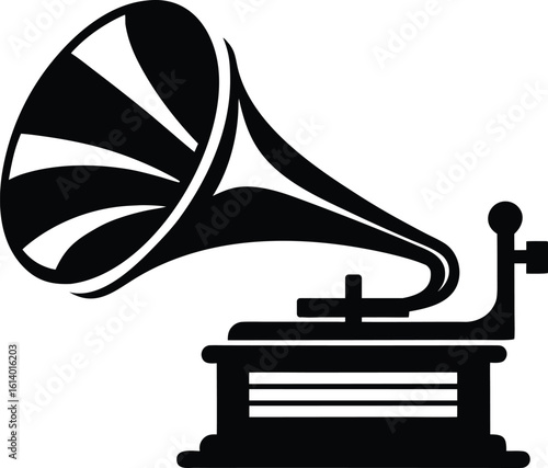 Gramophone silhouette drawing, vintage music player, retro audio device line art, antique phonograph vector, minimal illustration