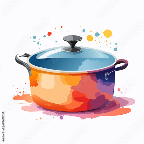 Vibrant watercolor cooking pot with a blue glass lid and artistic paint splatters.