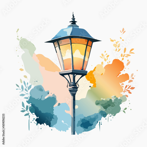 A vintage blue lamppost with a warm glowing lantern, depicted in a vibrant watercolor illustration style.