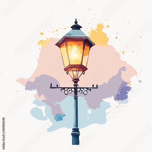 A classic glowing street lamppost with ornate metalwork, illustrated in a vibrant watercolor style.