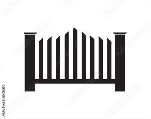 Black silhouette of a gate with vertical bars on a white background
