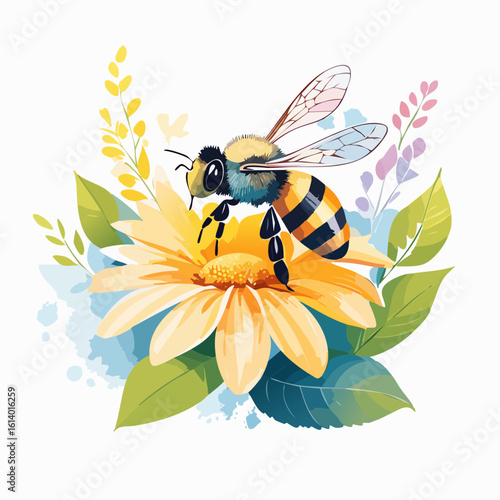 Stylized watercolor honeybee with a fuzzy thorax and striped abdomen resting on a vibrant yellow daisy flower.