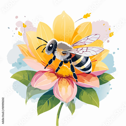 Stylized watercolor illustration of a fuzzy honeybee resting on a vibrant pink and yellow flower.