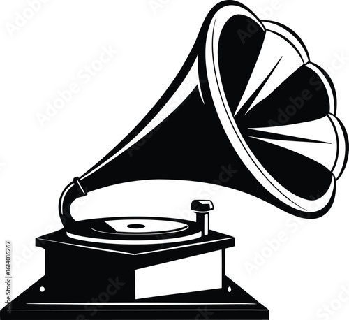 Gramophone silhouette drawing, vintage music player, retro audio device line art, antique phonograph vector, minimal illustration