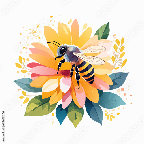 Artistic watercolor illustration of a honeybee with fuzzy thorax resting on a vibrant, colorful flower.