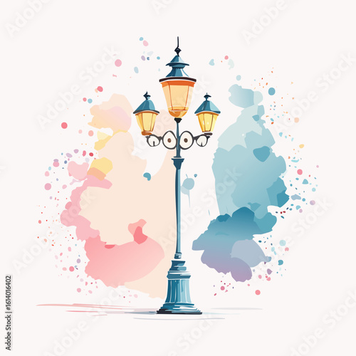 Ornate blue vintage lamppost with three glowing yellow lanterns in a watercolor illustration style.
