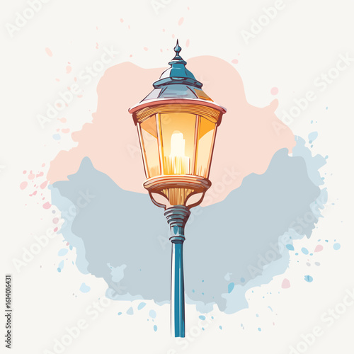 Ornate vintage street lamppost with a glowing yellow light, illustrated in a watercolor sketch style.