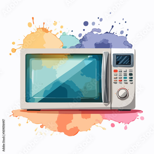 Modern white microwave oven with a glass door and digital keypad, rendered in a vibrant watercolor illustration style.