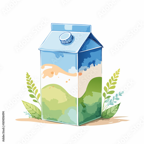 Stylized milk carton with a watercolor landscape design, blue cap, and fresh green leaves.
