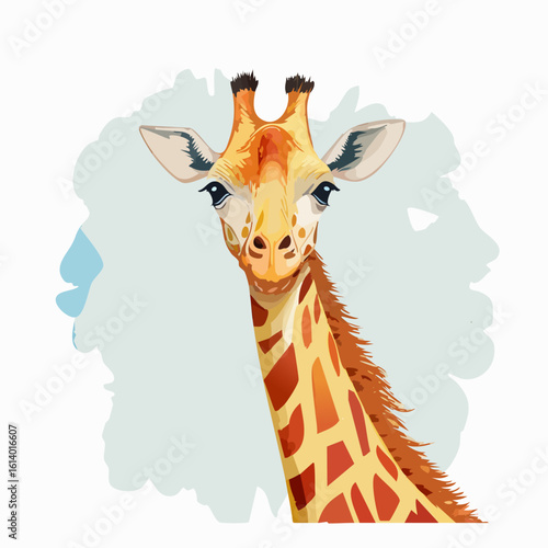 Charming illustrated portrait of a friendly giraffe with warm yellow and orange spots, looking forward with curious eyes.