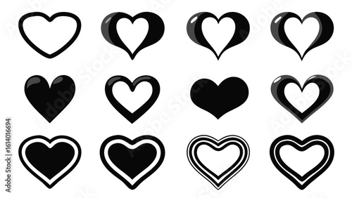 Versatile Black white Hart Shape Silhouette Set Love Icons 