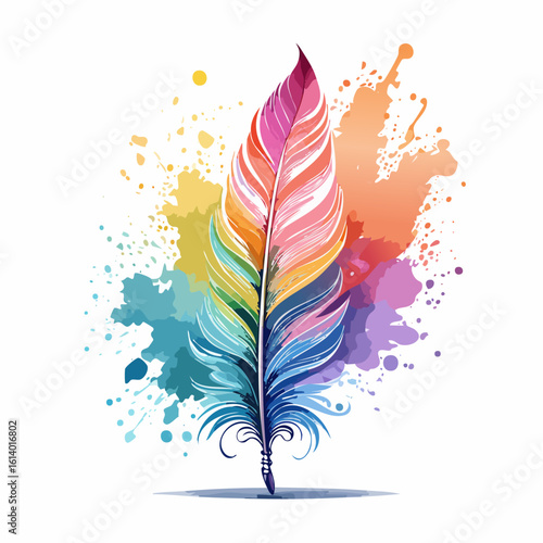 Stylized rainbow feather illustration with vibrant, multi-colored watercolor paint splatters.