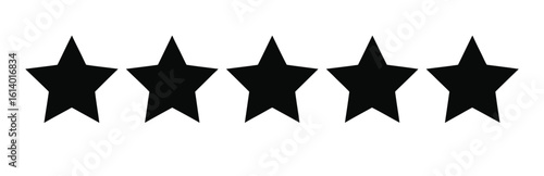  Five Black Stars in Horizontal Row — Minimal Rating Symbol on White Background Representing Top Quality, Excellence, Feedback, and Evaluation