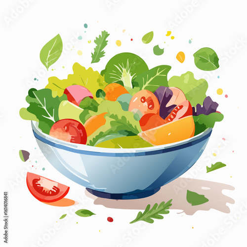 Stylized illustration of a fresh garden salad with lettuce, tomatoes, and greens in a blue ceramic bowl.
