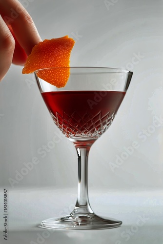 Hand Holding a Cocktail Glass With a Citrus Twist Garnishing the Drink in a S...