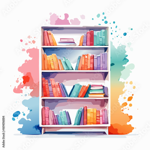 A vibrant watercolor illustration of a white bookshelf filled with colorful, neatly arranged books.