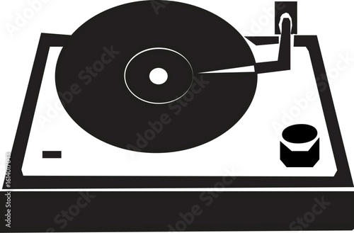 Black silhouette of vinyl turntable isolated on white background, graphic illustration. concept of music, dj equipment, retro, audio, nostalgia, design element, icon, .