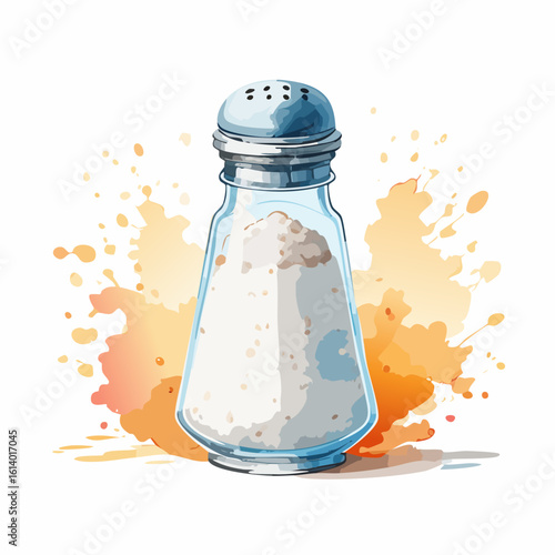 A glass salt shaker with a silver lid, filled with white salt, set against a vibrant orange and yellow watercolor background, viewed from a straightforward angle