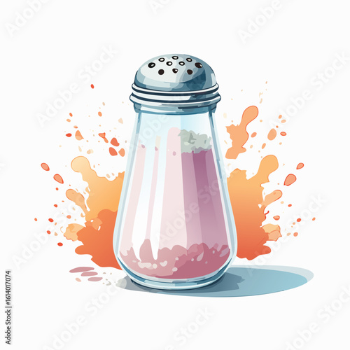 A salt shaker stands prominently on a surface, filled with pink salt, amidst an artistic splatter of orange hues