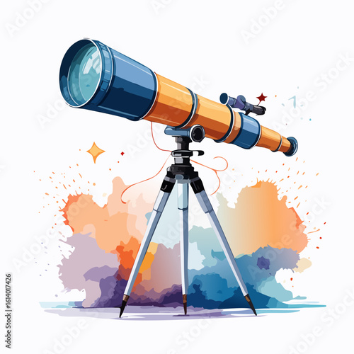 A vibrant telescope on a tripod standing tall, surrounded by colorful splashes, symbolizing exploration and discovery in the field of astronomy and science.
