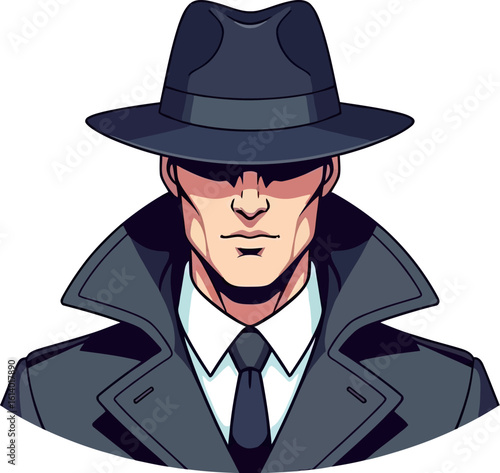 Cartoon spy vector illustration in trench coat and fedora hat graphic art