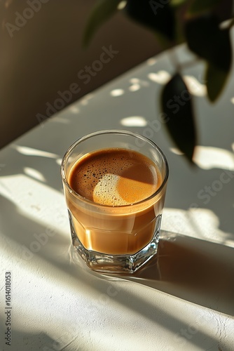 Warm Coffee in Clear Glass Sits on Table Catching Morning Sunlight and Shadows
