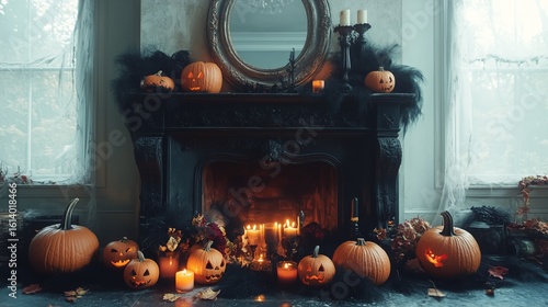 Festive Halloween Decorations With Carved Pumpkins on a Dark Fireplace in a C...