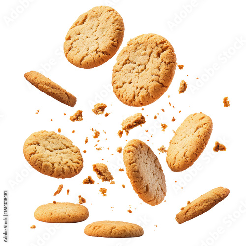 Peanut butter cookies crushing and flying isolated on transparent background