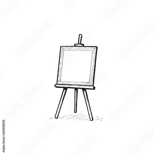 Black and white illustration of art easel isolated on white background