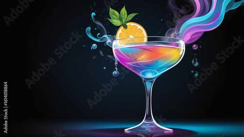 Iridescent cocktail levitates. Temperature-changing liquid glows. Floating garnishes and swirling smoke add drama against a black backdrop. Side lighting enhances the effect.