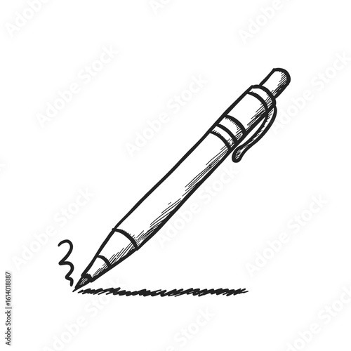 Black and white illustration of ballpoint pen isolated on white background